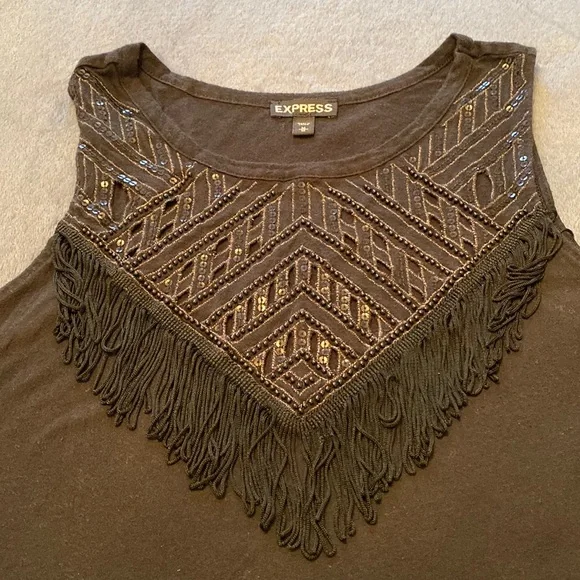 Express Black Eyelet Beaded Sequined Fringe Sleeveless Top - Picture 2 of 8